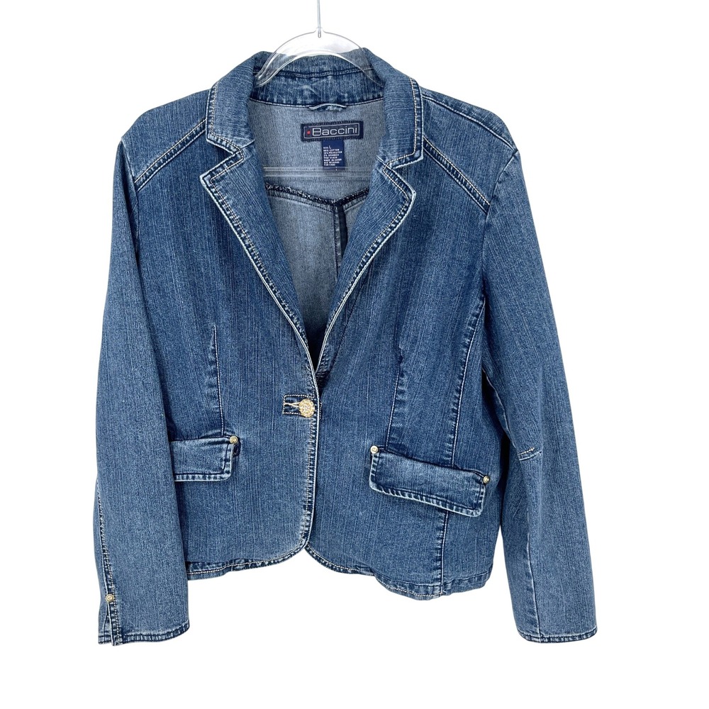 Baccini Womens Denim Blazer L Blue Stretch Jeweled Button Jacket Cowgirl Glam